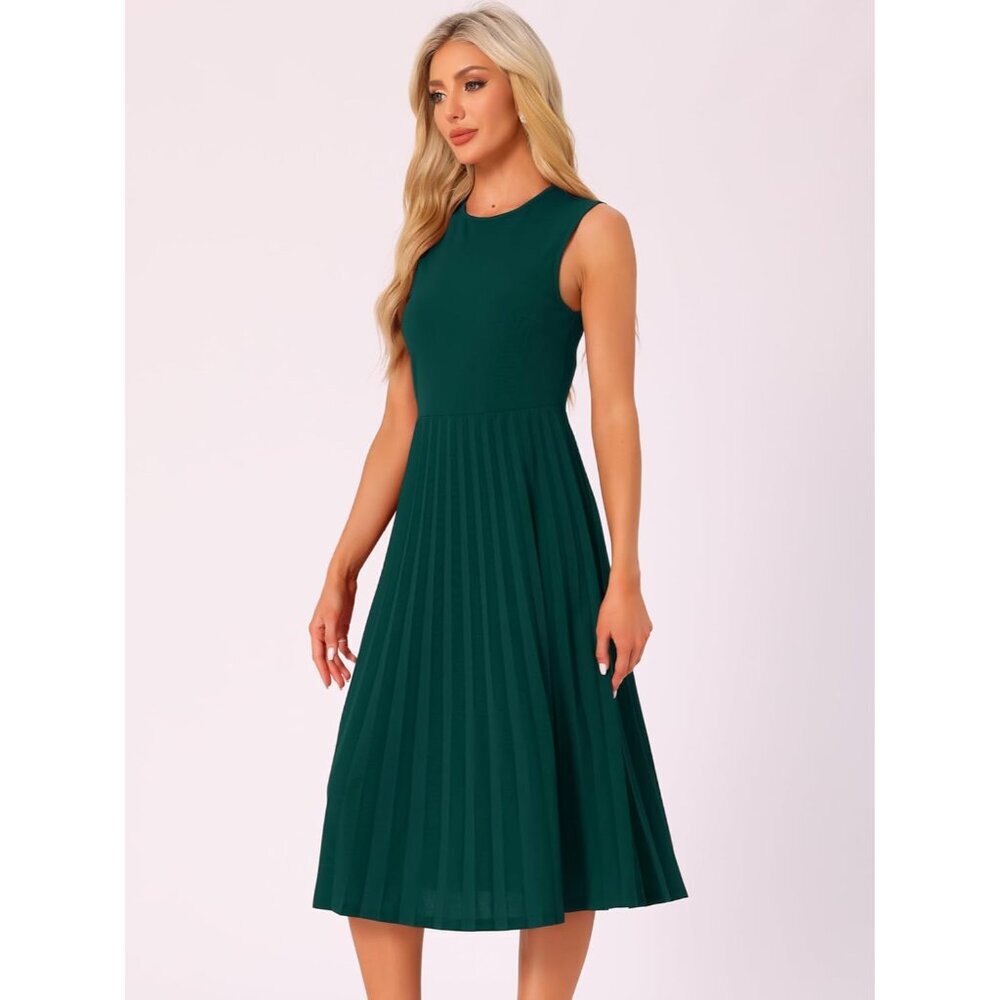 Women's Sleeveless Pleated Dress Knitted Midi Crew Neck Elegant Office - Picture 3 of 5